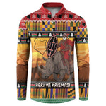 Kenya Safari Christmas Button Sweatshirt Black Santa Riding Rhinoceros - Heri ya Krismasi