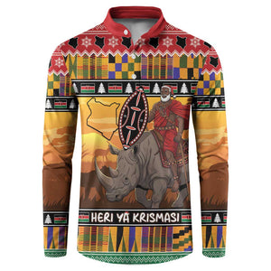 Kenya Safari Christmas Button Sweatshirt Black Santa Riding Rhinoceros - Heri ya Krismasi