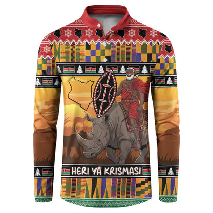Kenya Safari Christmas Button Sweatshirt Black Santa Riding Rhinoceros - Heri ya Krismasi
