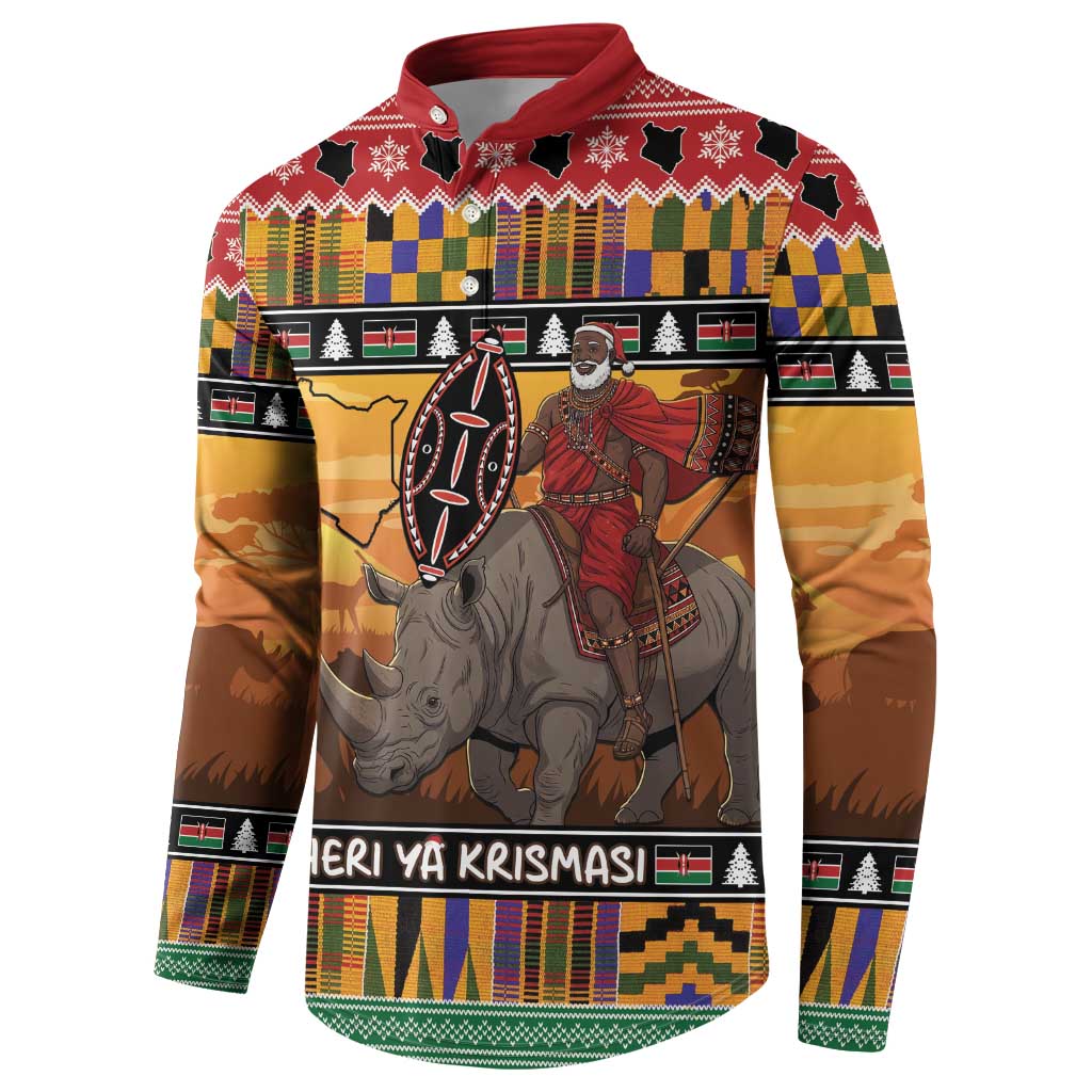 Kenya Safari Christmas Button Sweatshirt Black Santa Riding Rhinoceros - Heri ya Krismasi
