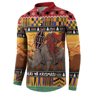 Kenya Safari Christmas Button Sweatshirt Black Santa Riding Rhinoceros - Heri ya Krismasi