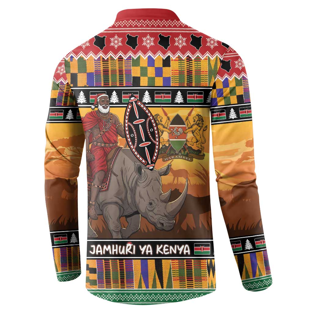 Kenya Safari Christmas Button Sweatshirt Black Santa Riding Rhinoceros - Heri ya Krismasi