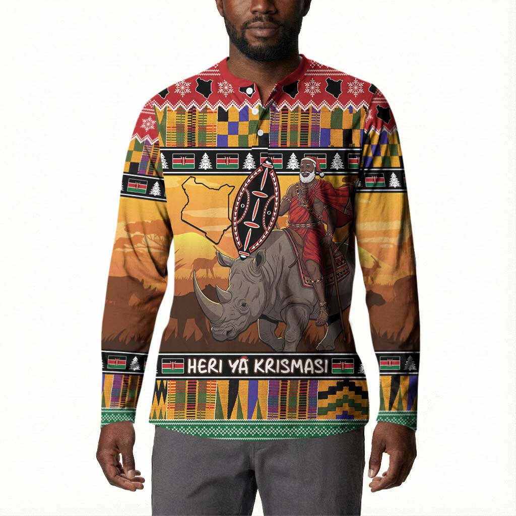 Kenya Safari Christmas Button Sweatshirt Black Santa Riding Rhinoceros - Heri ya Krismasi