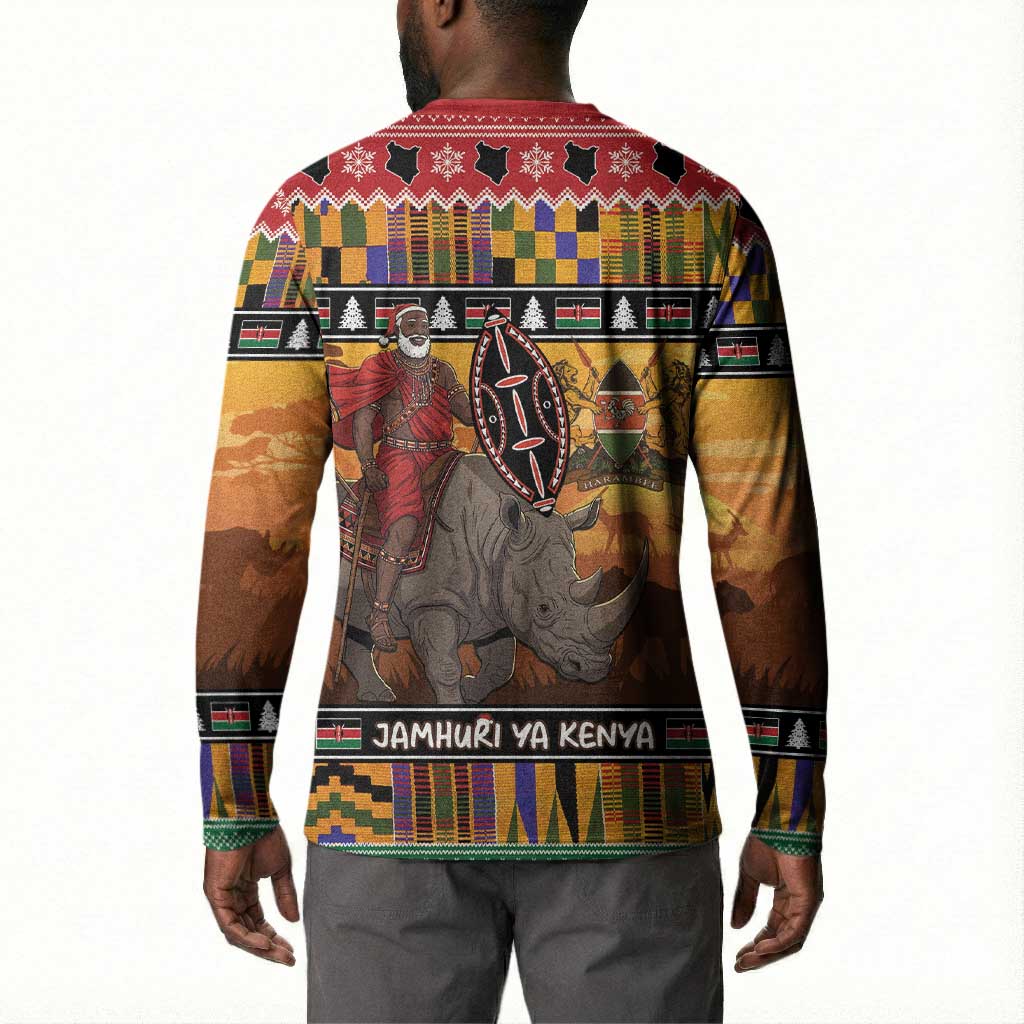 Kenya Safari Christmas Button Sweatshirt Black Santa Riding Rhinoceros - Heri ya Krismasi