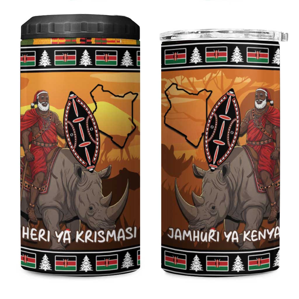 Afro Christmas in Kenya Safari 4 in 1 Can Cooler Tumbler Black Santa Riding Rhinoceros - African Pride