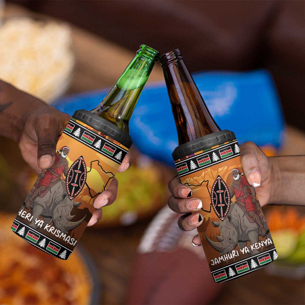 Afro Christmas in Kenya Safari 4 in 1 Can Cooler Tumbler Black Santa Riding Rhinoceros - African Pride