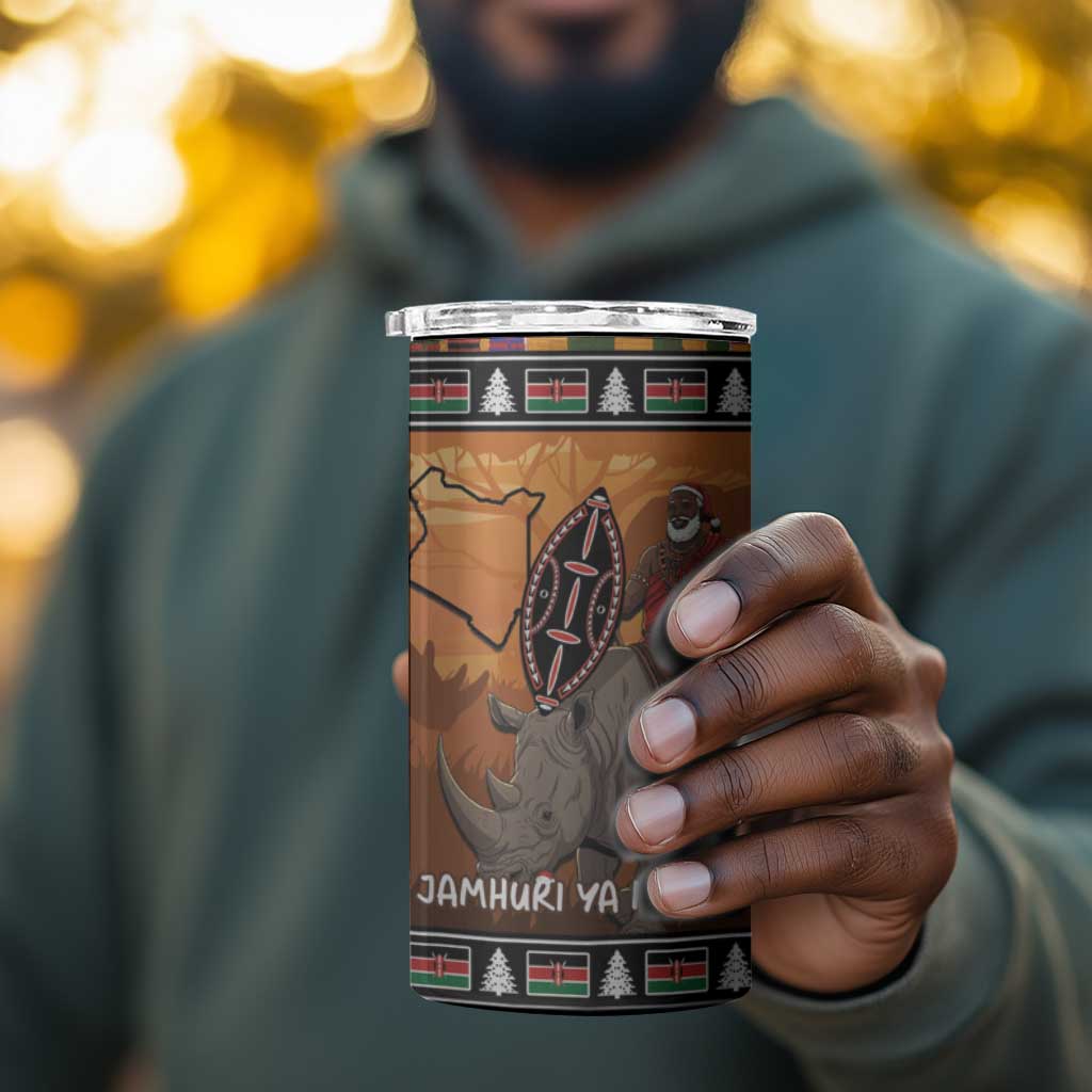 Afro Christmas in Kenya Safari 4 in 1 Can Cooler Tumbler Black Santa Riding Rhinoceros - African Pride