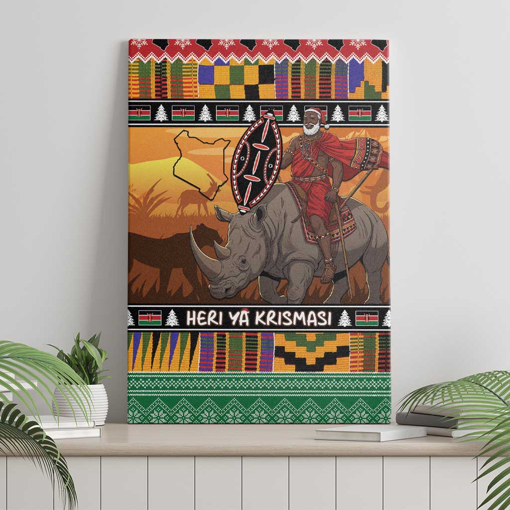 Afro Christmas in Kenya Safari Canvas Wall Art Black Santa Riding Rhinoceros - African Pride
