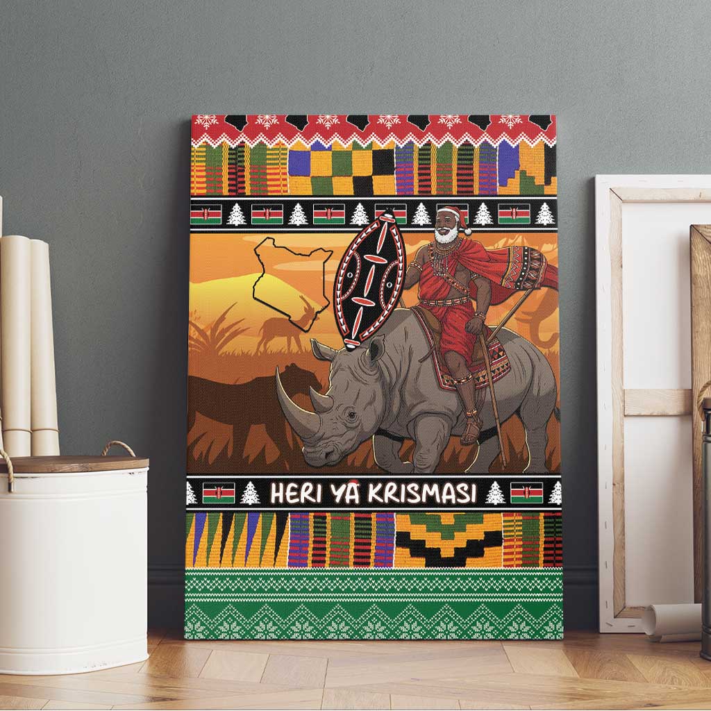 Afro Christmas in Kenya Safari Canvas Wall Art Black Santa Riding Rhinoceros - African Pride