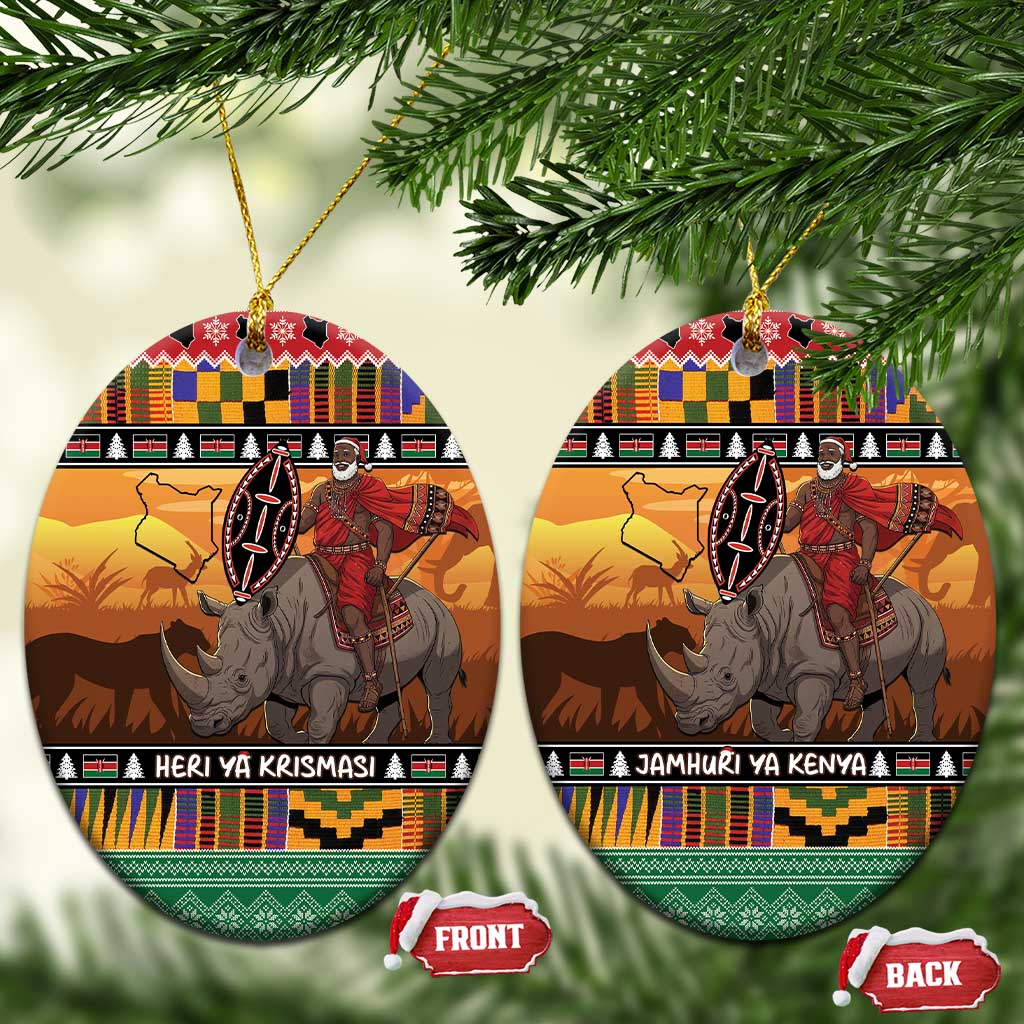 Afro Christmas in Kenya Safari Ceramic Ornament Black Santa Riding Rhinoceros - African Pride