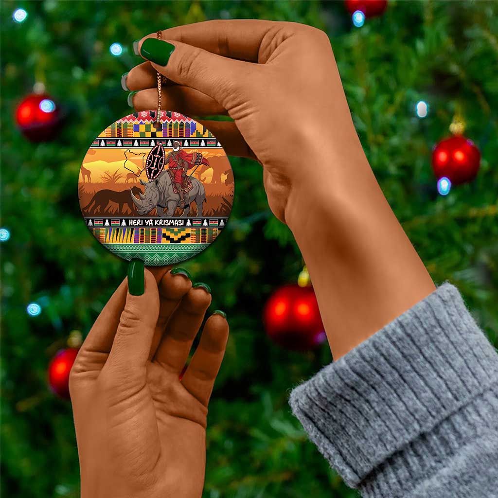 Afro Christmas in Kenya Safari Ceramic Ornament Black Santa Riding Rhinoceros - African Pride