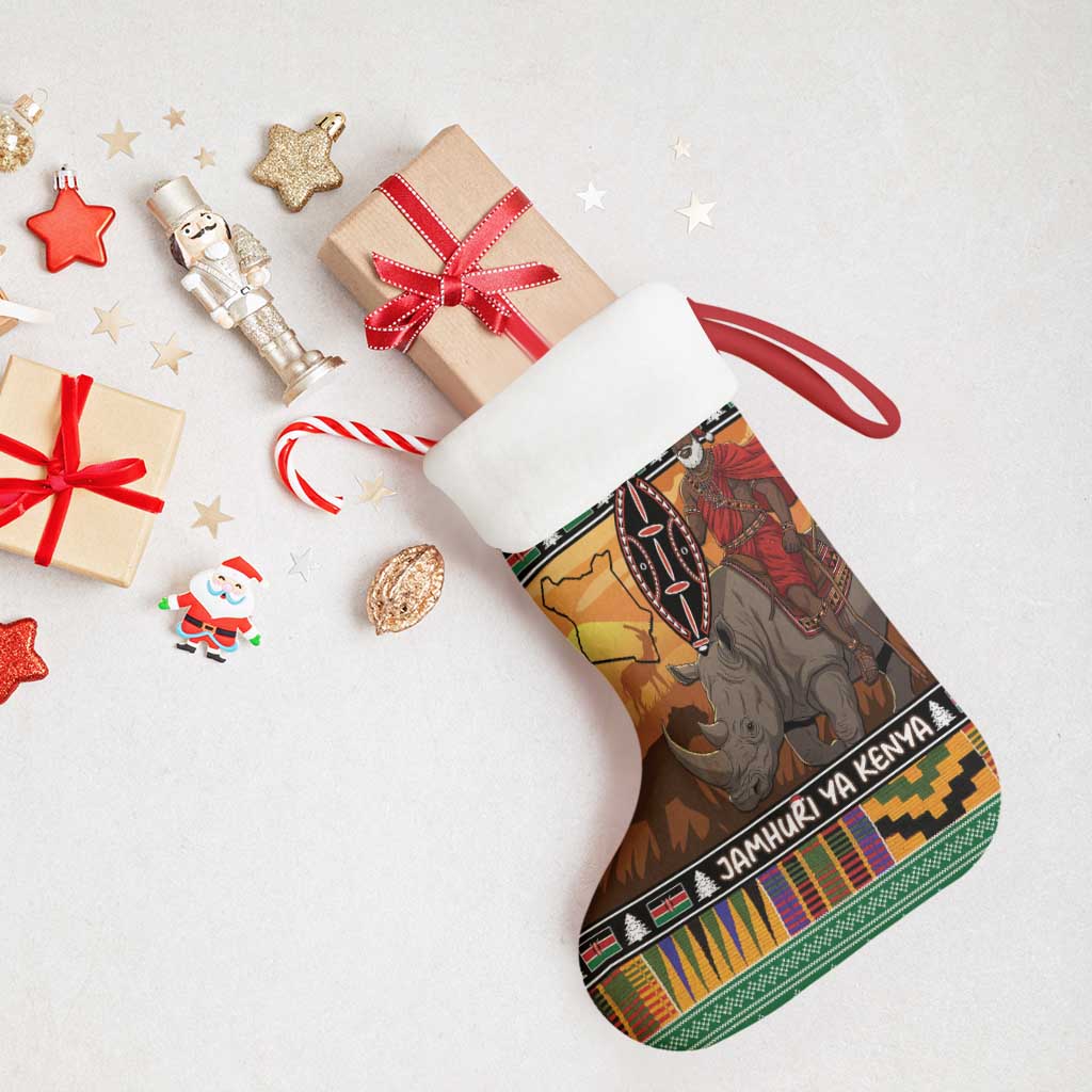 Afro Christmas in Kenya Safari Christmas Stocking Black Santa Riding Rhinoceros - African Pride