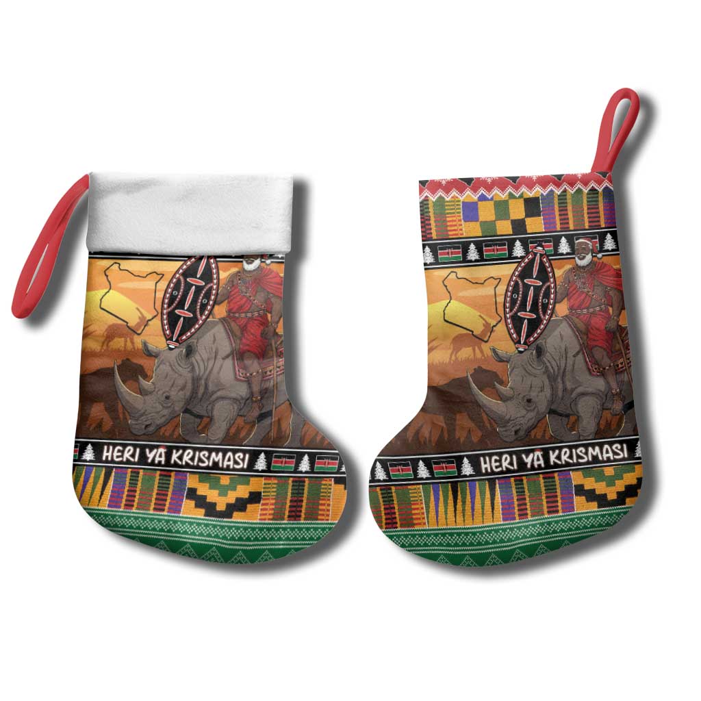 Afro Christmas in Kenya Safari Christmas Stocking Black Santa Riding Rhinoceros - African Pride