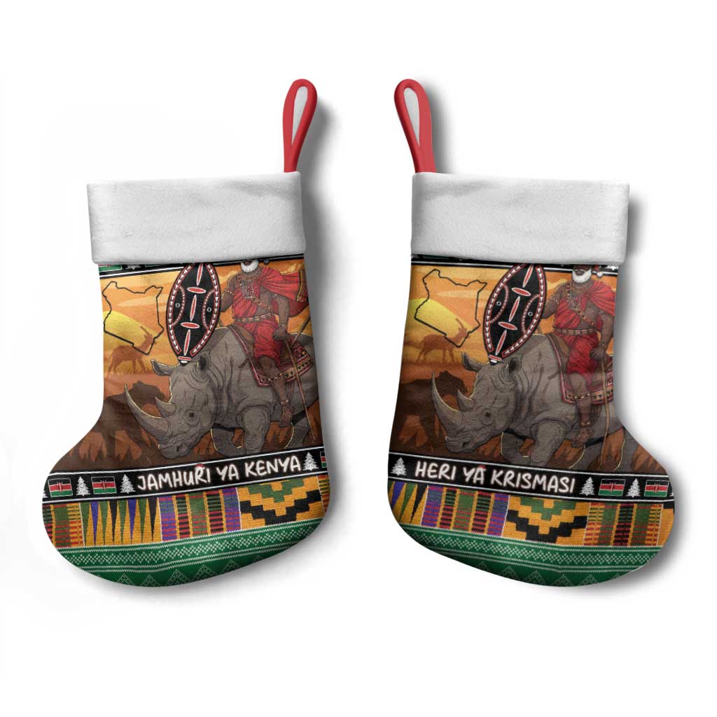 Afro Christmas in Kenya Safari Christmas Stocking Black Santa Riding Rhinoceros - African Pride