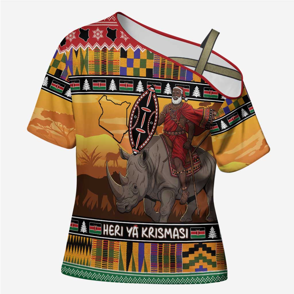 Kenya Safari Christmas Cross Shoulder Shirt Black Santa Riding Rhinoceros - Heri ya Krismasi