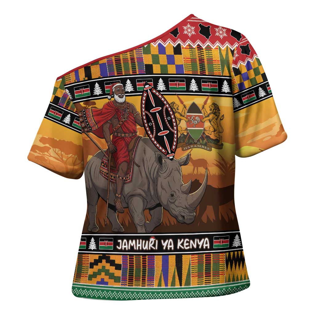 Kenya Safari Christmas Cross Shoulder Shirt Black Santa Riding Rhinoceros - Heri ya Krismasi