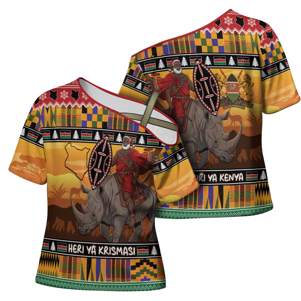 Kenya Safari Christmas Cross Shoulder Shirt Black Santa Riding Rhinoceros - Heri ya Krismasi