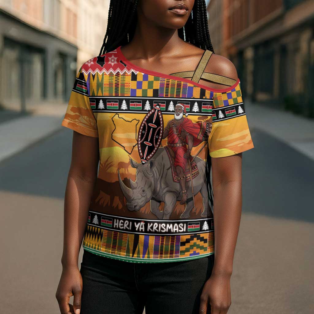 Kenya Safari Christmas Cross Shoulder Shirt Black Santa Riding Rhinoceros - Heri ya Krismasi
