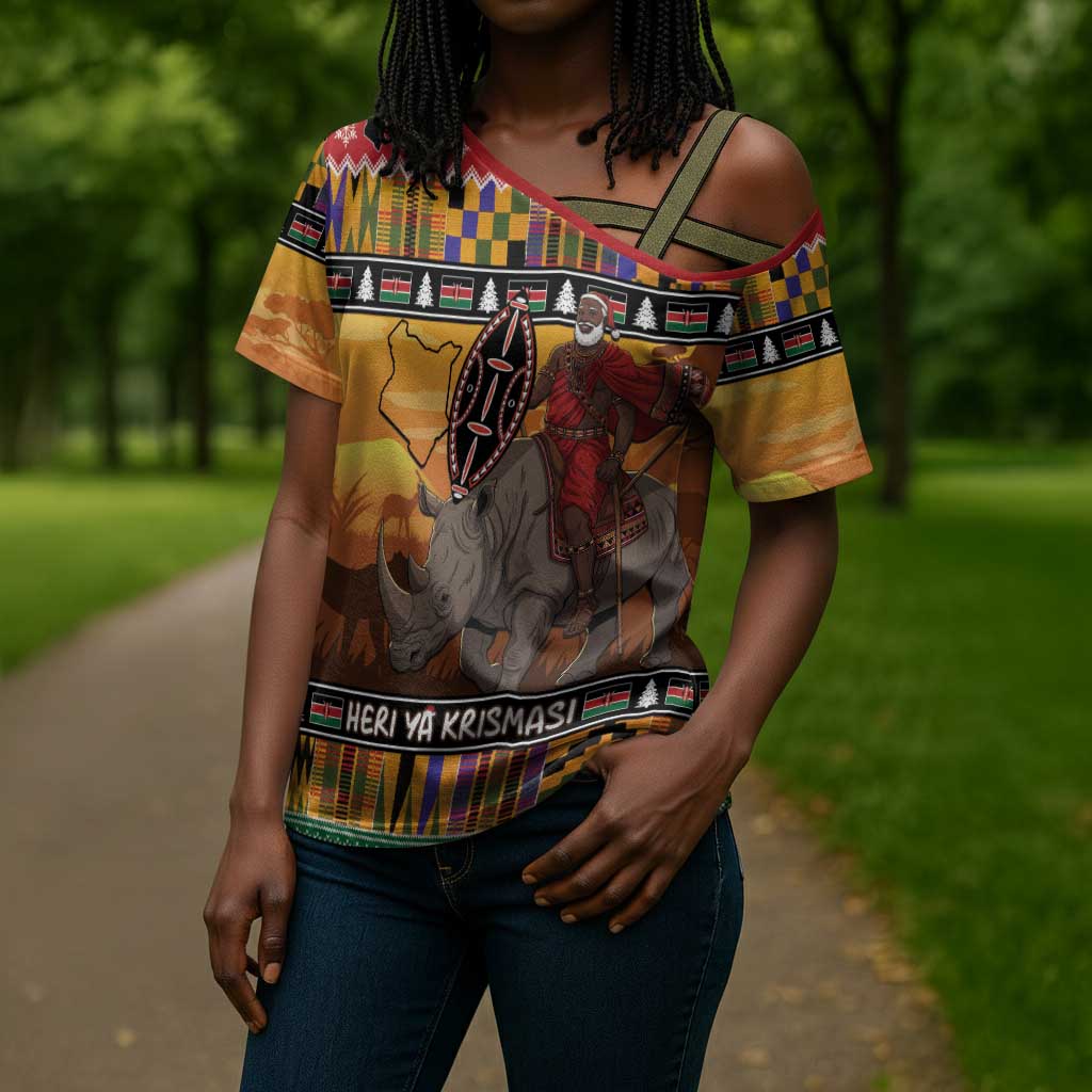 Kenya Safari Christmas Cross Shoulder Shirt Black Santa Riding Rhinoceros - Heri ya Krismasi