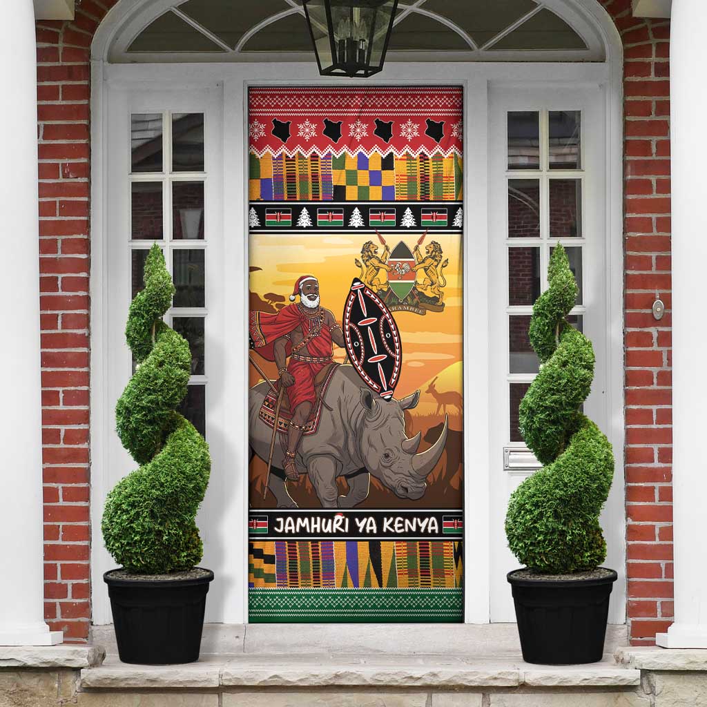 Kenya Safari Christmas Door Cover Black Santa Riding Rhinoceros - Heri ya Krismasi
