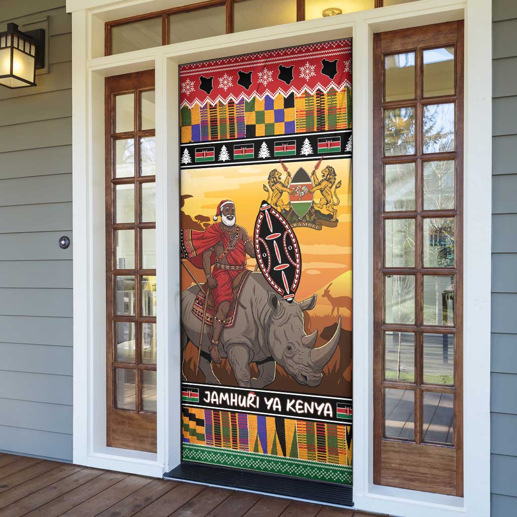 Kenya Safari Christmas Door Cover Black Santa Riding Rhinoceros - Heri ya Krismasi