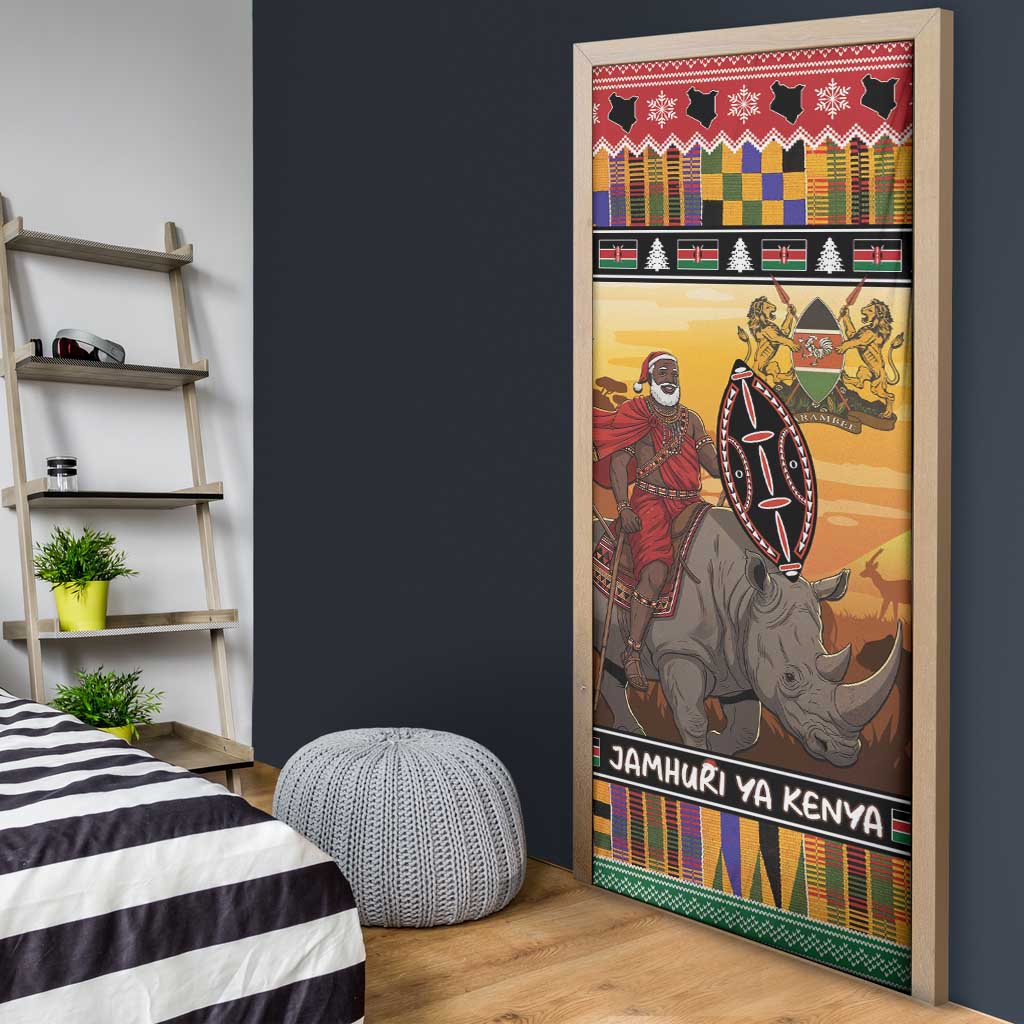 Kenya Safari Christmas Door Cover Black Santa Riding Rhinoceros - Heri ya Krismasi