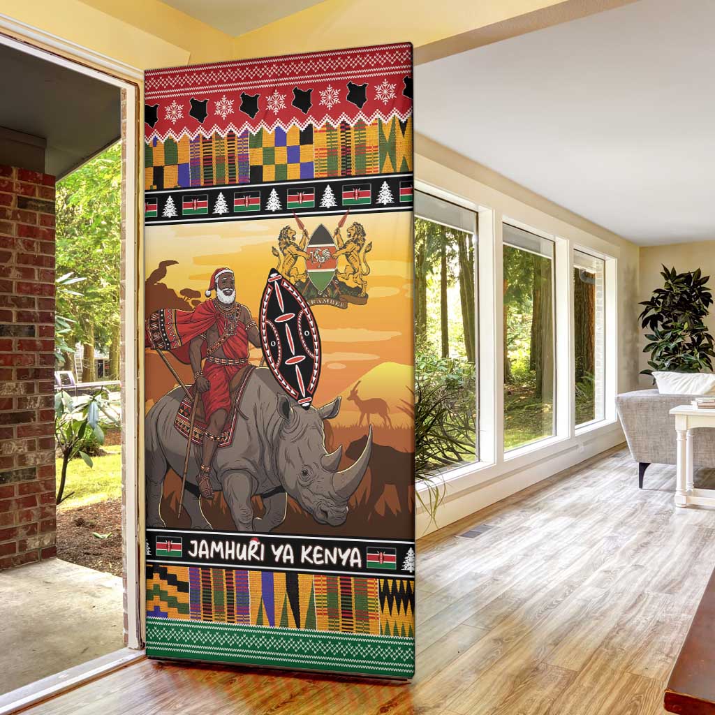 Kenya Safari Christmas Door Cover Black Santa Riding Rhinoceros - Heri ya Krismasi