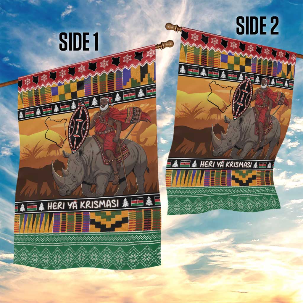 Afro Christmas in Kenya Safari Garden Flag Black Santa Riding Rhinoceros - African Pride