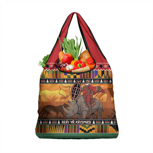 Afro Christmas in Kenya Safari Grocery Bag Black Santa Riding Rhinoceros - African Pride