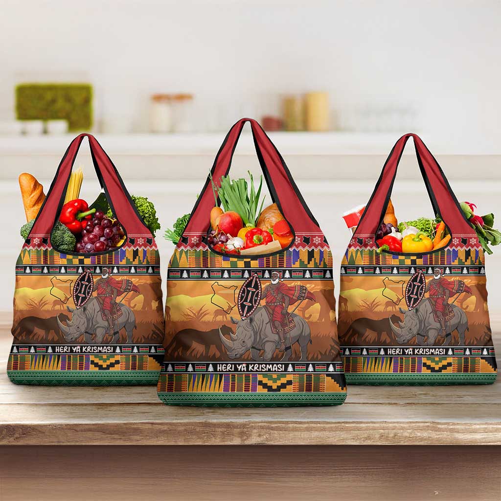 Afro Christmas in Kenya Safari Grocery Bag Black Santa Riding Rhinoceros - African Pride
