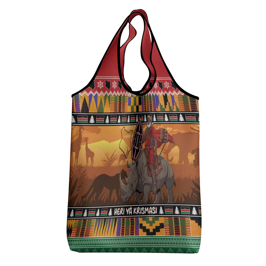 Afro Christmas in Kenya Safari Grocery Bag Black Santa Riding Rhinoceros - African Pride