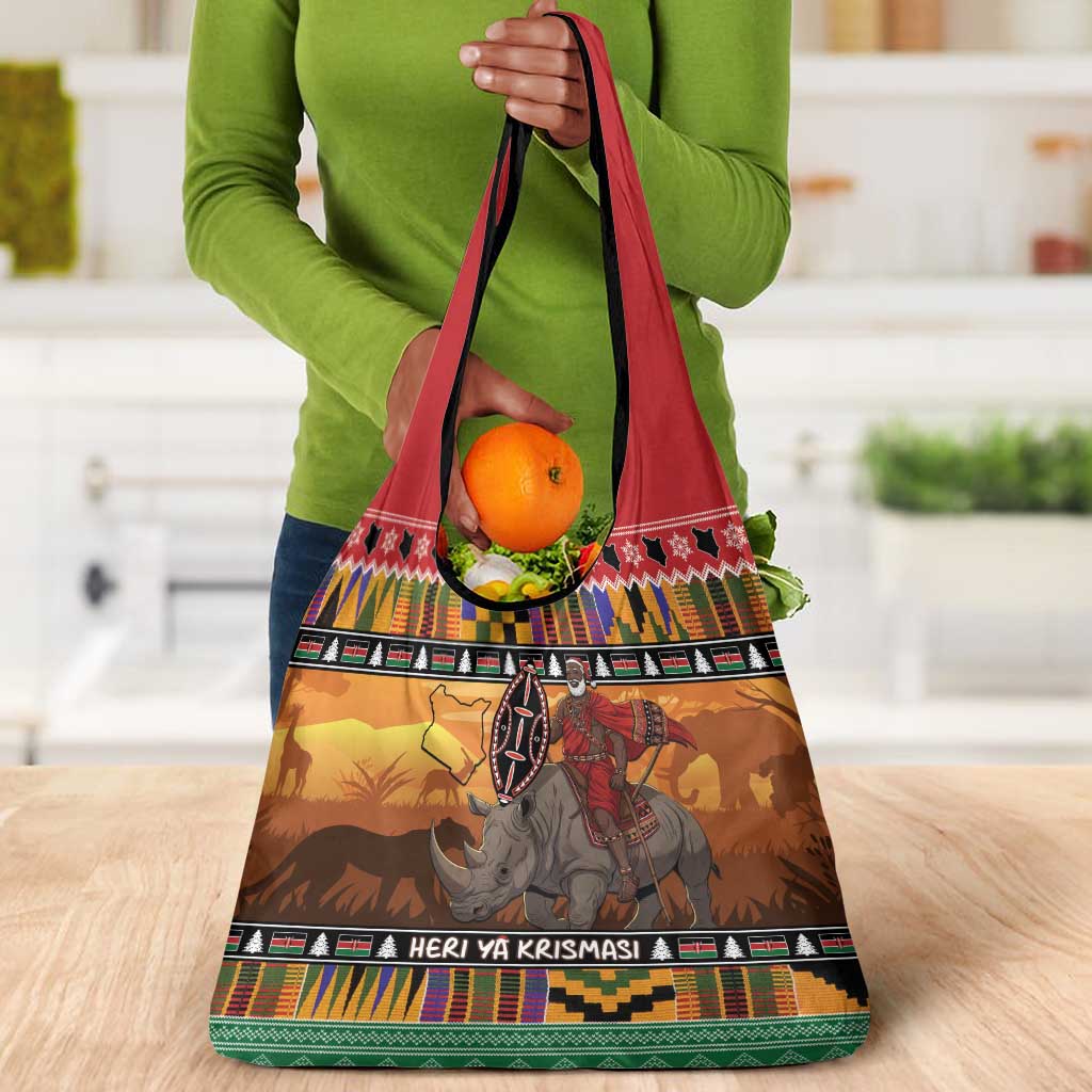 Afro Christmas in Kenya Safari Grocery Bag Black Santa Riding Rhinoceros - African Pride