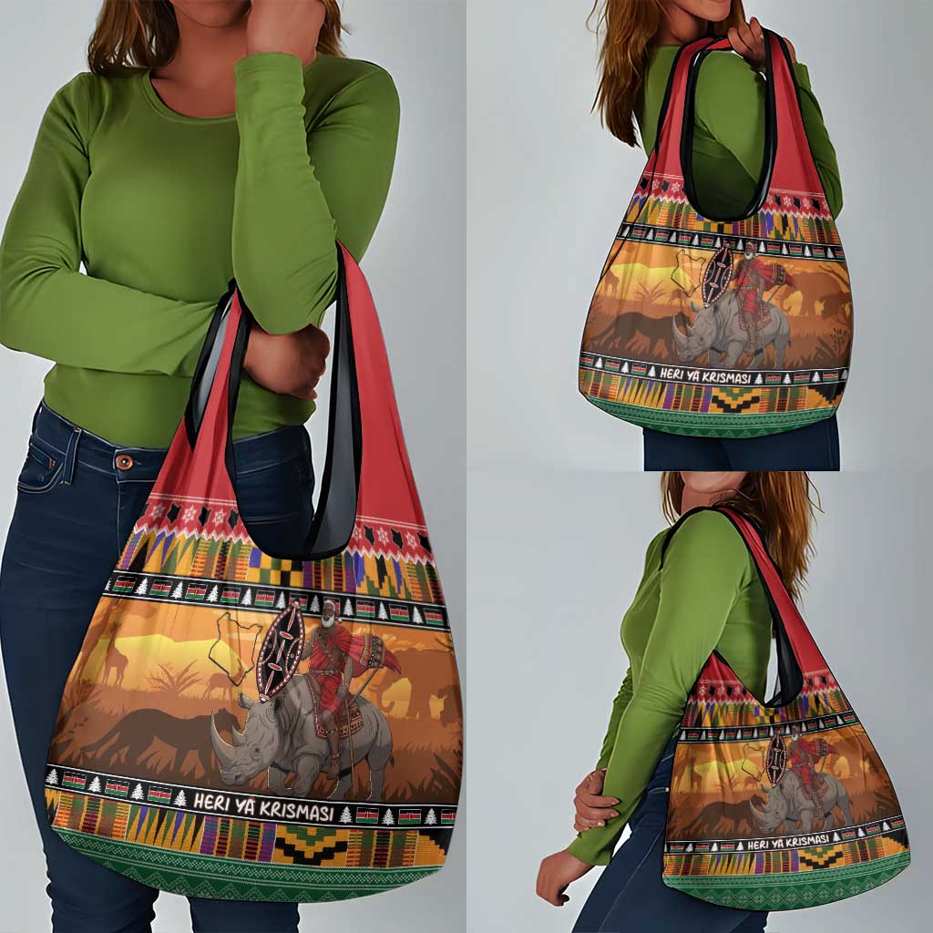 Afro Christmas in Kenya Safari Grocery Bag Black Santa Riding Rhinoceros - African Pride