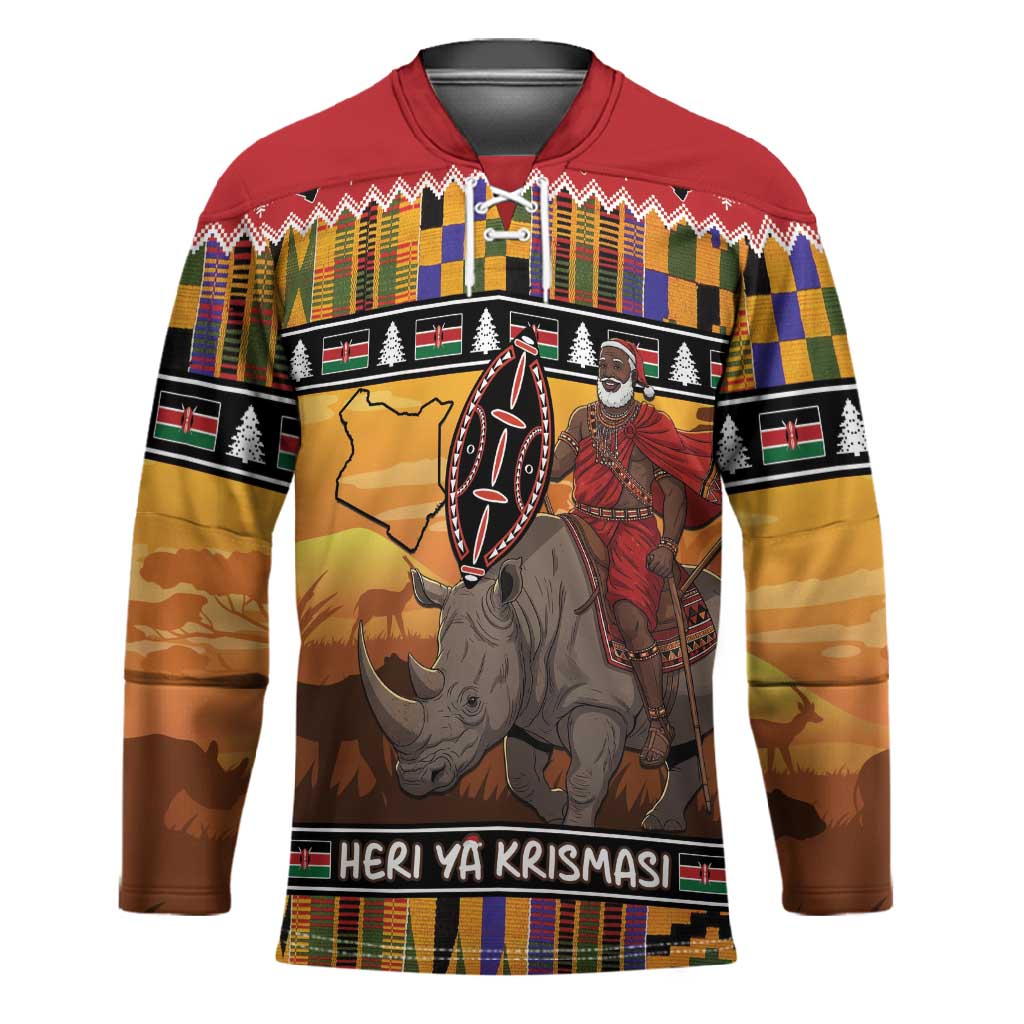 Kenya Safari Christmas Hockey Jersey Black Santa Riding Rhinoceros - Heri ya Krismasi