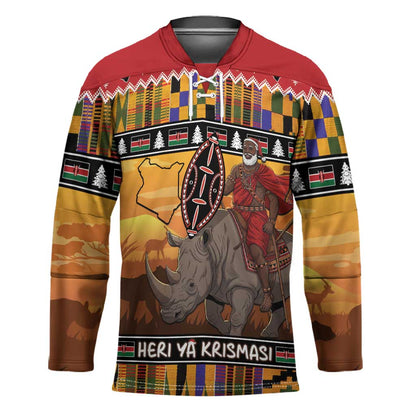 Kenya Safari Christmas Hockey Jersey Black Santa Riding Rhinoceros - Heri ya Krismasi