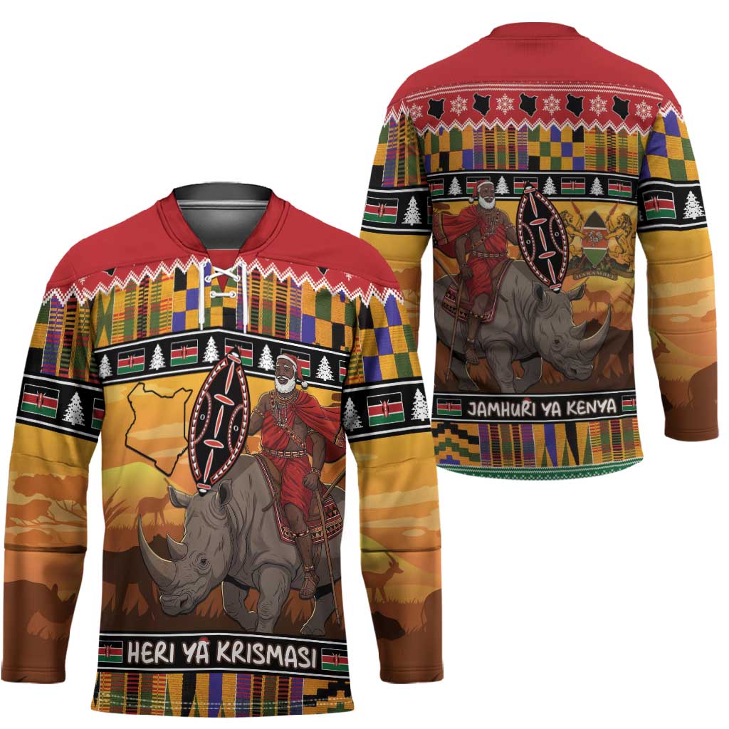 Kenya Safari Christmas Hockey Jersey Black Santa Riding Rhinoceros - Heri ya Krismasi