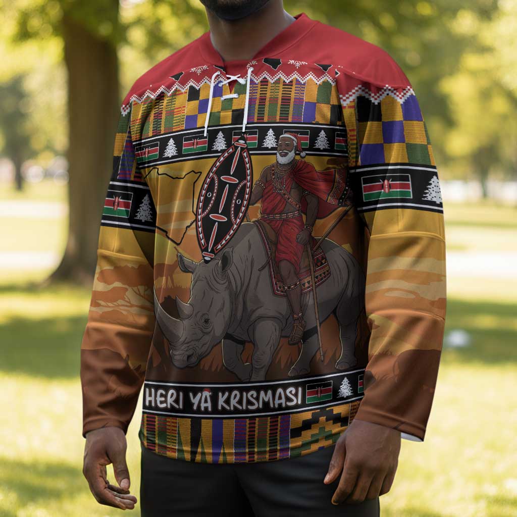 Kenya Safari Christmas Hockey Jersey Black Santa Riding Rhinoceros - Heri ya Krismasi