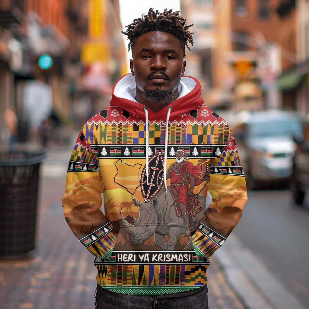 Afro Christmas in Kenya Safari Hoodie Black Santa Riding Rhinoceros - African Pride