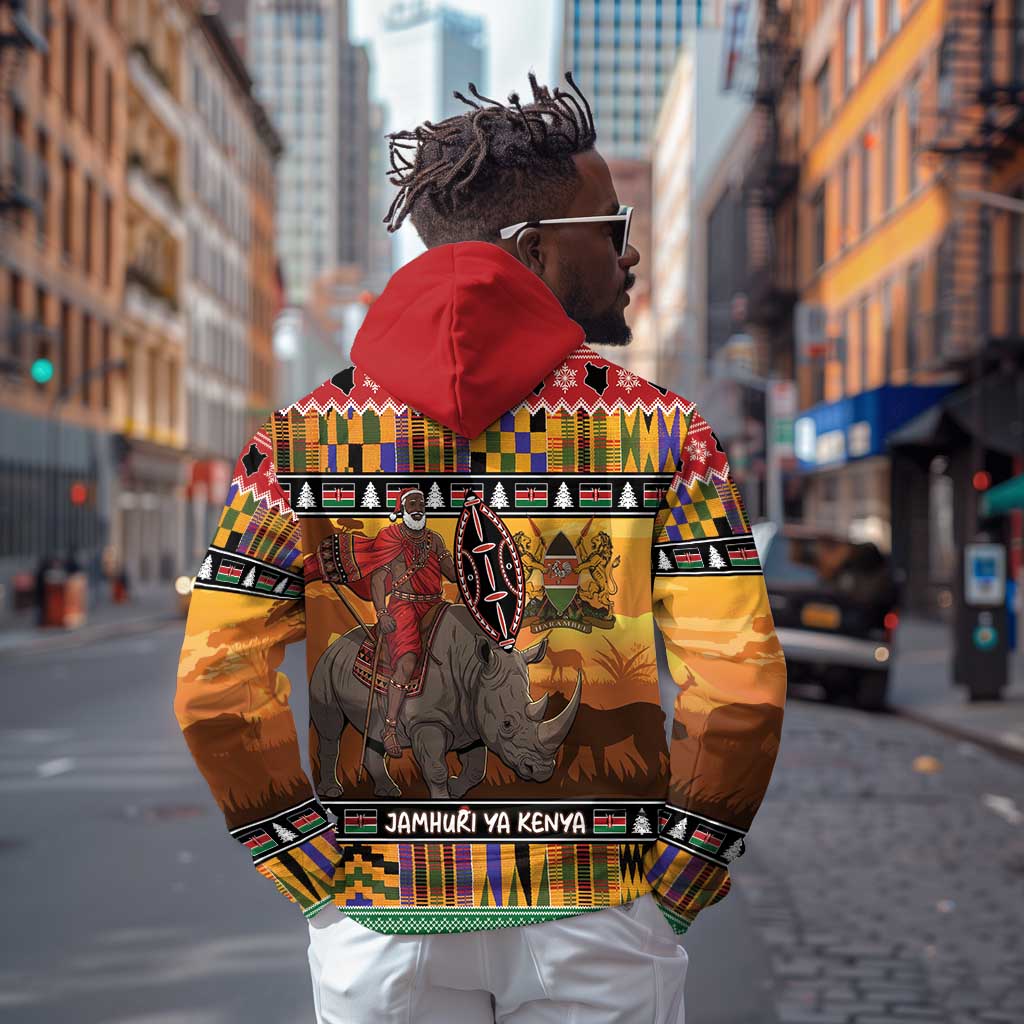 Afro Christmas in Kenya Safari Hoodie Black Santa Riding Rhinoceros - African Pride