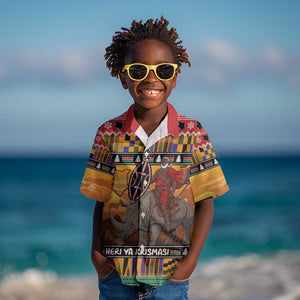Afro Christmas in Kenya Safari Kid Hawaiian Shirt Black Santa Riding Rhinoceros - African Pride