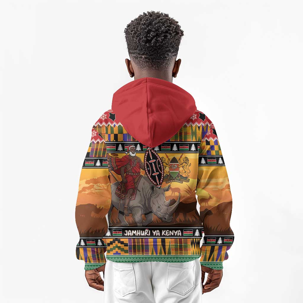 Afro Christmas in Kenya Safari Kid Hoodie Black Santa Riding Rhinoceros - African Pride