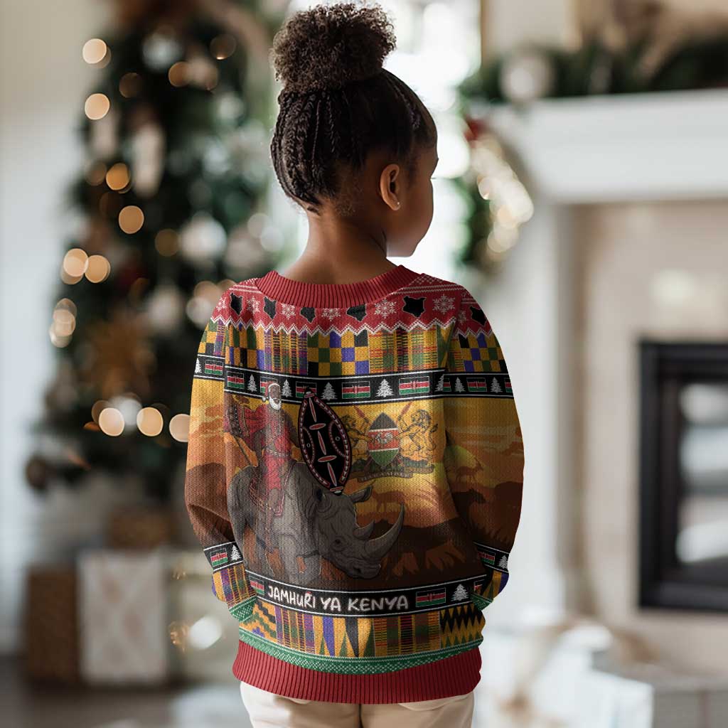Afro Christmas in Kenya Safari Kid Ugly Christmas Sweater Black Santa Riding Rhinoceros - African Pride