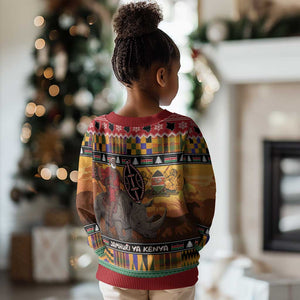 Afro Christmas in Kenya Safari Kid Ugly Christmas Sweater Black Santa Riding Rhinoceros - African Pride
