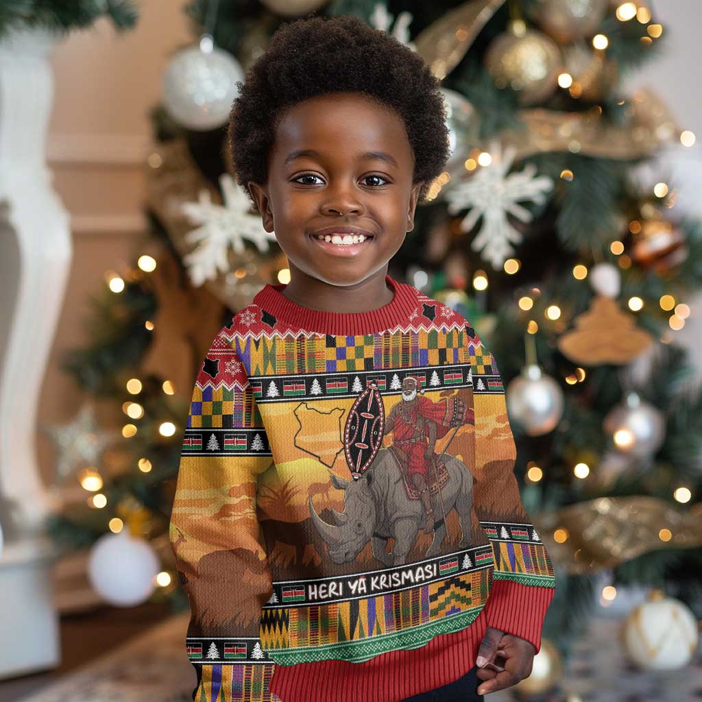 Afro Christmas in Kenya Safari Kid Ugly Christmas Sweater Black Santa Riding Rhinoceros - African Pride