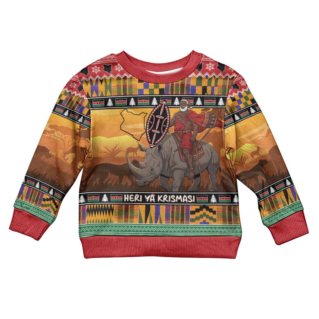 Afro Christmas in Kenya Safari Kid Ugly Christmas Sweater Black Santa Riding Rhinoceros - African Pride