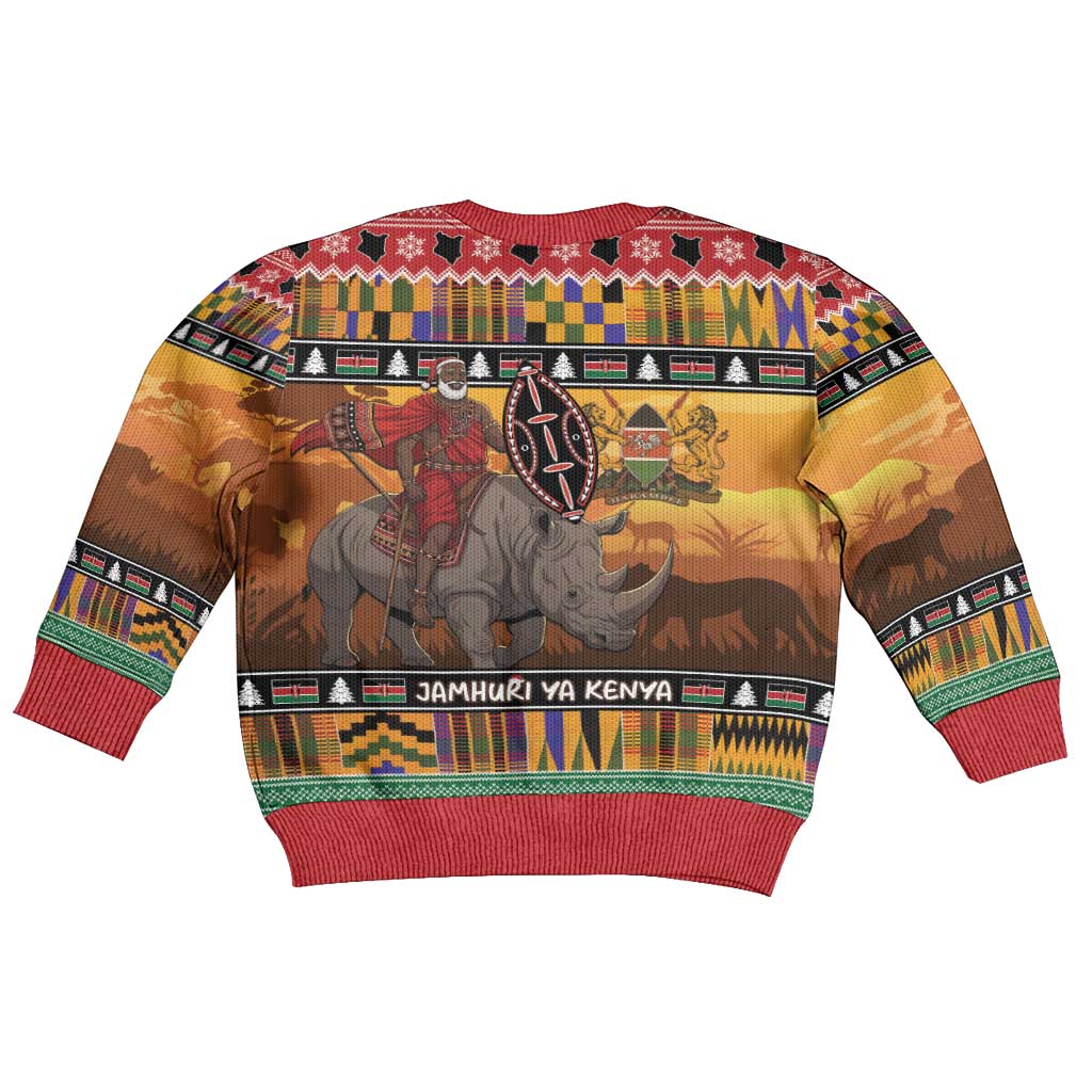 Afro Christmas in Kenya Safari Kid Ugly Christmas Sweater Black Santa Riding Rhinoceros - African Pride