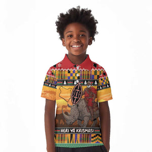 Afro Christmas in Kenya Safari Kid Polo Shirt Black Santa Riding Rhinoceros - African Pride