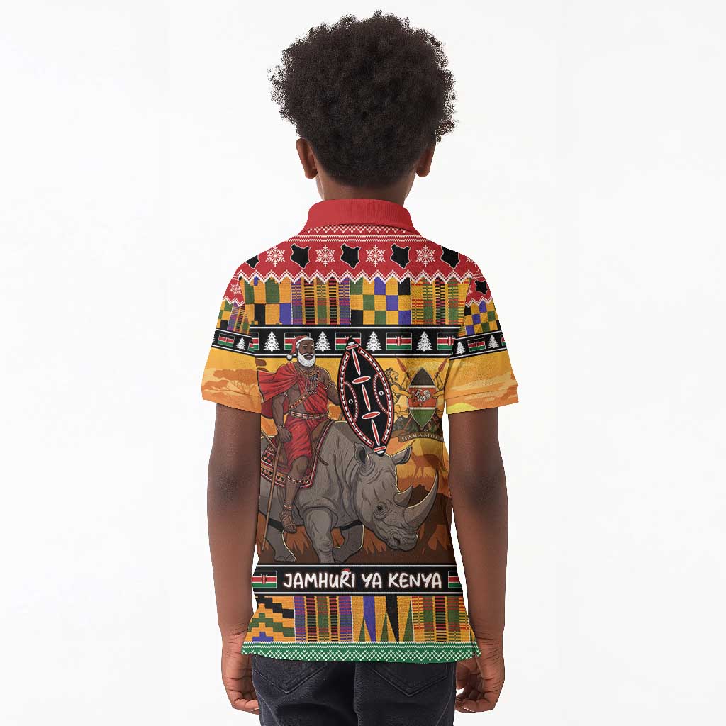 Afro Christmas in Kenya Safari Kid Polo Shirt Black Santa Riding Rhinoceros - African Pride