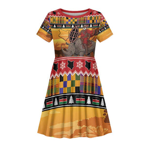 Afro Christmas in Kenya Safari Kid Short Sleeve Dress Black Santa Riding Rhinoceros - African Pride
