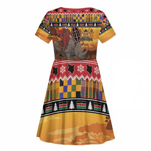Afro Christmas in Kenya Safari Kid Short Sleeve Dress Black Santa Riding Rhinoceros - African Pride